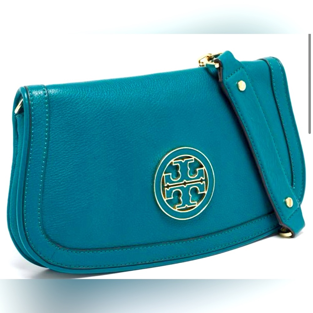 Tory Burch Teal Leather Clutch with Gold Logo